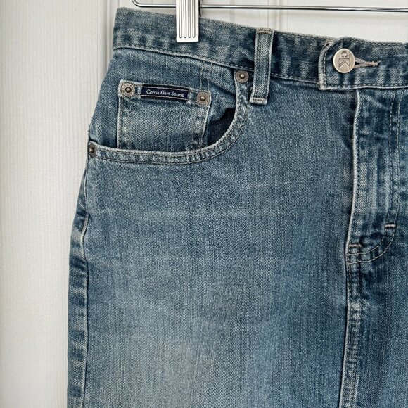 Calvin Klein Vintage Mini Jean Skirt, Blue, Medium Wash with Middle Slit, 2 - Picture 5 of 16